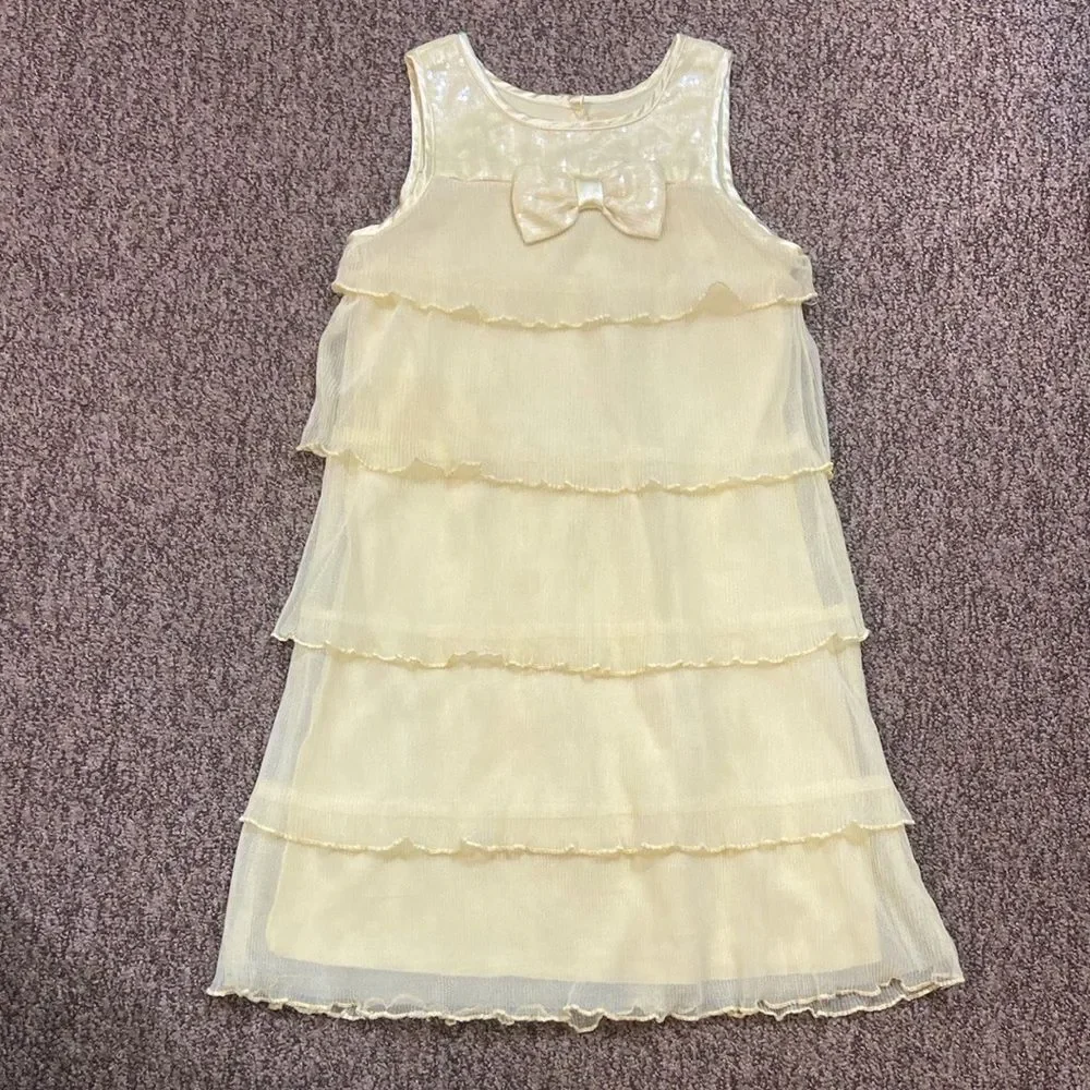 🥰Jona Michelle Yellow Sequin Girls Ruffled Tiered Sundress Size 8